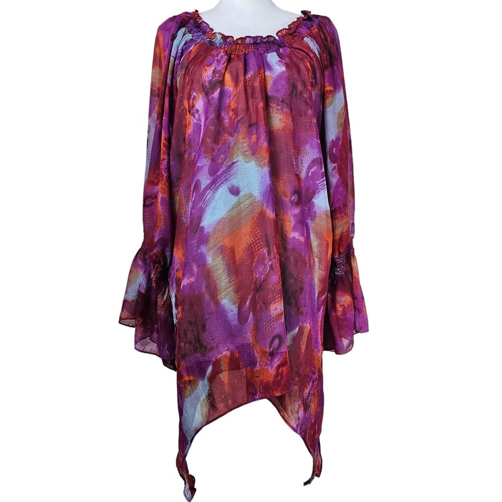 Ashro‎ Boho Sharkbite Chiffon Tunic M Abstract Bell Sleeve Ruffled Neck Fairy